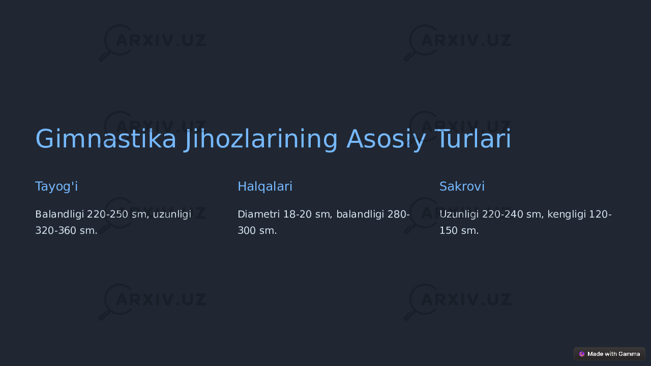 Gimnastika Jihozlarining Asosiy Turlari Tayog&#39;i Balandligi 220-250 sm, uzunligi 320-360 sm. Halqalari Diametri 18-20 sm, balandligi 280- 300 sm. Sakrovi Uzunligi 220-240 sm, kengligi 120- 150 sm. 