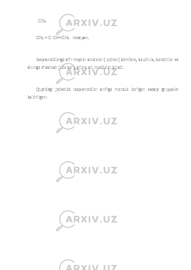  СН 3 СН 2 = С-СН =СН 2 изопрен. Izoprenoidlarga efir moylar smolalar ( qatron) kamfora, kauchuk, karotinlar va shunga o‘xshash juda ko‘p xilma-xil moddalar kiradi. Quyidagi jadvalda izoprenoidlar sinfiga mansub bo‘lgan asosiy gruppalar keltirilgan : 