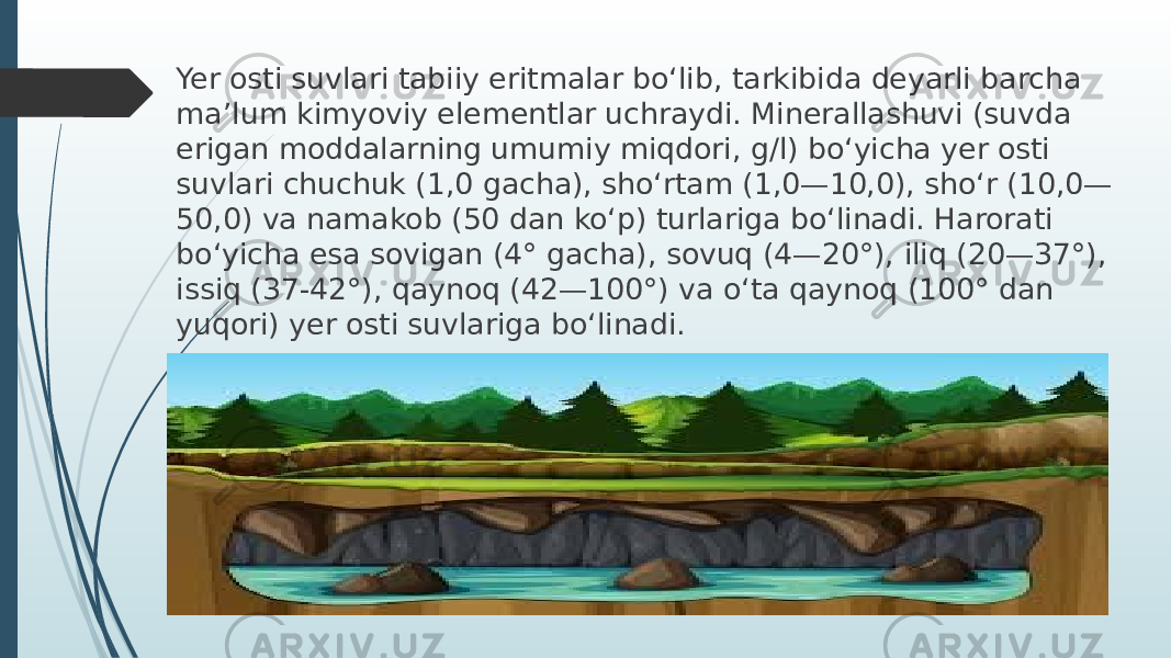 Yer osti suvlari tabiiy eritmalar boʻlib, tarkibida deyarli barcha maʼlum kimyoviy elementlar uchraydi. Minerallashuvi (suvda erigan moddalarning umumiy miqdori, g/l) boʻyicha yer osti suvlari chuchuk (1,0 gacha), shoʻrtam (1,0—10,0), shoʻr (10,0— 50,0) va namakob (50 dan koʻp) turlariga boʻlinadi. Harorati boʻyicha esa sovigan (4° gacha), sovuq (4—20°), iliq (20—37°), issiq (37-42°), qaynoq (42—100°) va oʻta qaynoq (100° dan yuqori) yer osti suvlariga boʻlinadi. 