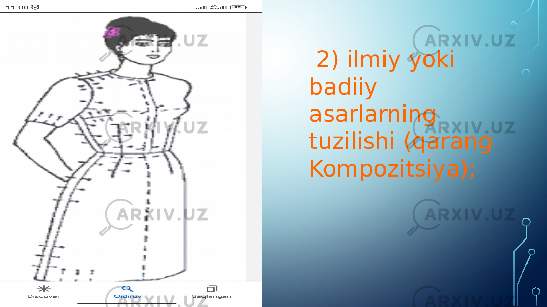  2) ilmiy yoki badiiy asarlarning tuzilishi (qarang Kompozitsiya); 