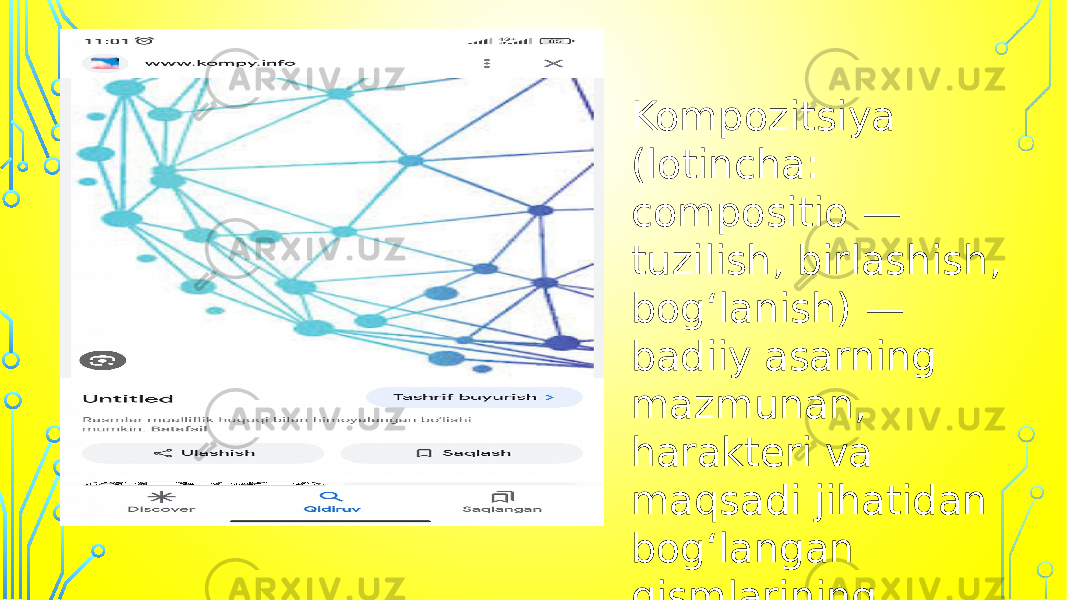 ) Kompozitsiya (lotincha: compositio — tuzilish, birlashish, bogʻlanish) — badiiy asarning mazmunan, harakteri va maqsadi jihatidan bogʻlangan qismlarining joylashishi. 