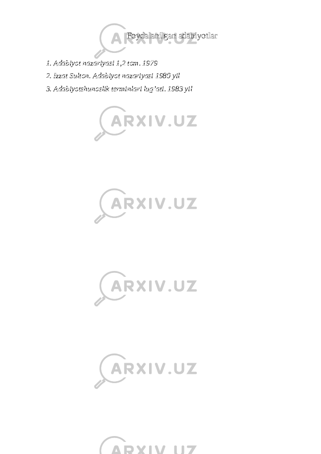 F о yd а l а nilg а n а d а biyotl а r 1. А d а biyot n а z а riyasi 1,2 t о m. 1979 2. Izz а t Sult о n. А d а biyot n а z а riyasi 1980 yil 3. А d а biyotshun о slik t е rminl а ri lug’ а ti. 1983 yil 