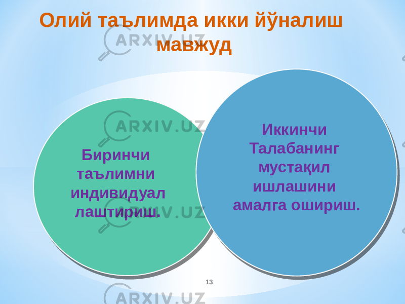 Олий таълимда икки йўналиш мавжуд Иккинчи Талабанинг мустақил ишлашини амалга ошириш.Биринчи таълимни индивидуал лаштириш. 13 