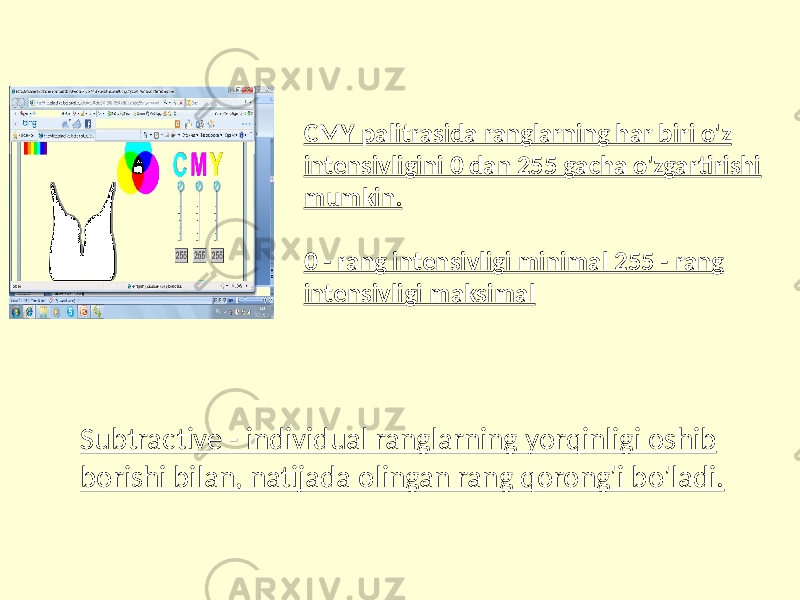 Subtractive - individual ranglarning yorqinligi oshib borishi bilan, natijada olingan rang qorong&#39;i bo&#39;ladi. CMY palitrasida ranglarning har biri o&#39;z intensivligini 0 dan 255 gacha o&#39;zgartirishi mumkin. 0 - rang intensivligi minimal 255 - rang intensivligi maksimal 