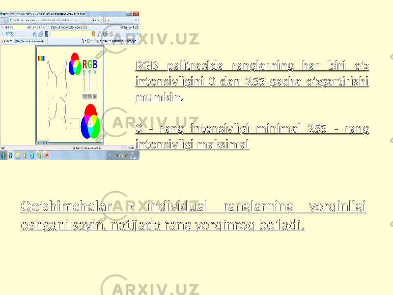 Qo&#39;shimchalar - individual ranglarning yorqinligi oshgani sayin, natijada rang yorqinroq bo&#39;ladi. RGB palitrasida ranglarning har biri o&#39;z intensivligini 0 dan 255 gacha o&#39;zgartirishi mumkin. 0 - rang intensivligi minimal 255 - rang intensivligi maksimal 
