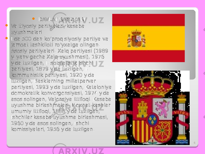 6 DAVLAT RAMZLARI  Va Siyosiy partiyalari, kasaba uyushmalari  I.da 500 dan koʻproq siyosiy partiya va jamoat tashkiloti roʻyxatga olingan. Asosiy partiyalari: Xalq partiyasi (1989 y. yanv.gacha Xalq uyushmasi), 1976 y.da tuzilgan; I. sotsialistik ishchi partiyasi, 1879 y.da tuzilgan; I. kommunistik partiyasi, 1920 y.da tuzilgan; Basklarning millatparvar partiyasi, 1993 y.da tuzilgan; Kataloniya demokratik konvergensiyasi, 1974 y.da asos solingan; Valensiya ittifoqi. Kasaba uyushma birlashmalari: Mexnat-kashlar umumiy ittifoqi, 1888 y.da tuzilgan; Ishchilar kasaba uyushma birlashmasi, 1960 y.da asos solingan; Ishchi komissiyalari, 1956 y.da tuzilgan. 