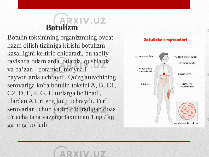 Botulizm Botulin toksinining organizmning ovqat hazm qilish tizimiga kirishi botulizm kasalligini keltirib chiqaradi, bu tabiiy ravishda odamlarda, otlarda, qushlarda va ba’zan - qoramol, mo&#39;ynali hayvonlarda uchraydi. Qo&#39;zg&#39;atuvchining serovariga ko&#39;ra botulin toksini A, B, C1, C2, D, E, F, G, H turlarga bo&#39;linadi, ulardan A turi eng ko&#39;p uchraydi. Turli serovarlar uchun yarim o&#39;ldiradigan doza o&#39;rtacha tana vazniga taxminan 1 ng / kg ga teng bo’ladi 