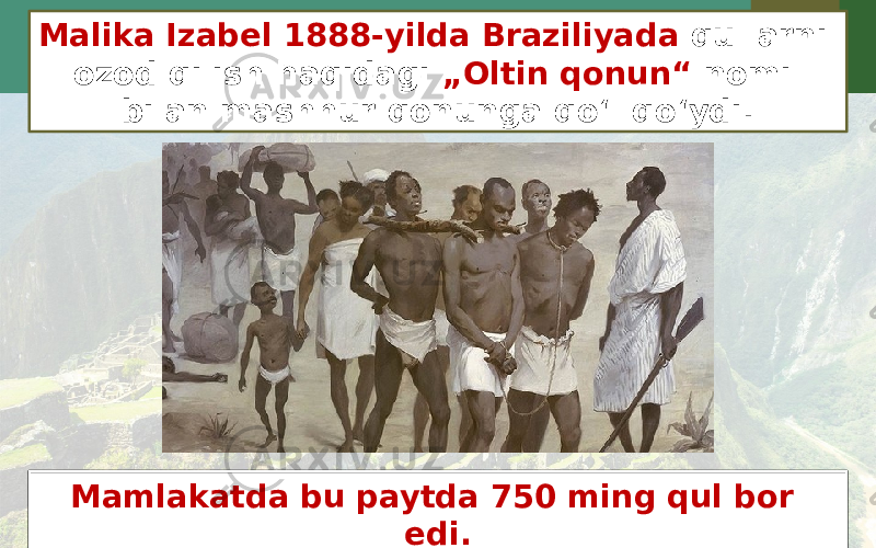 Malika Izabel 1888-yilda Braziliyada qullarni ozod qilish haqidagi „Oltin qonun“ nomi bilan mashhur qonunga qo‘l qo‘ydi. Mamlakatda bu paytda 750 ming qul bor edi. 