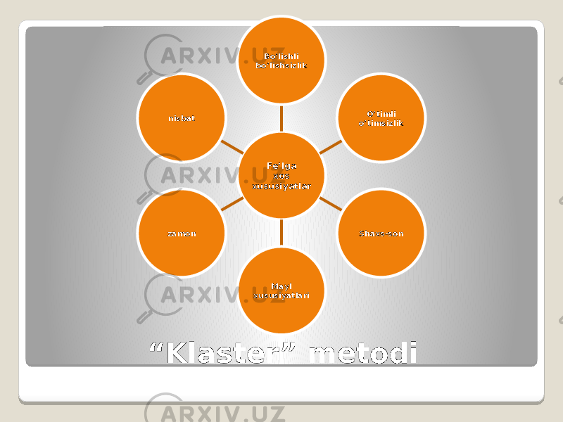 “ Klaster” metodi Fe’lga xos xususiyatlar Bo’lishli bo’lishsizlik O’timli o’timsizlik Shaxs-son Mayl xususiyatlarizamon nisbat 