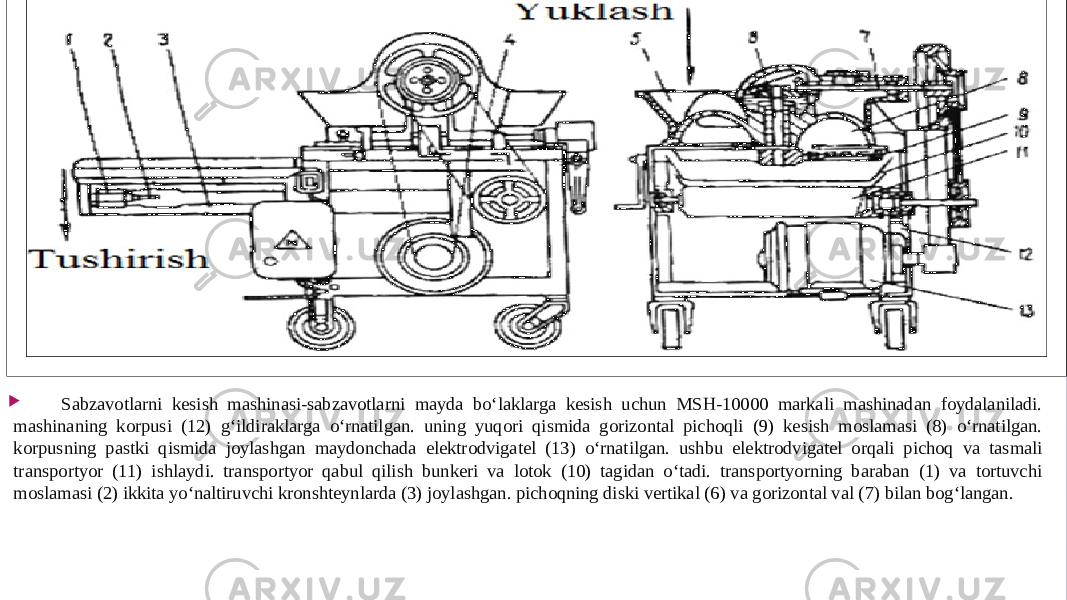  Sabzavotlarni kesish mashinasi-sabzavotlarni mayda bo‘laklarga kesish uchun MSH-10000 markali mashinadan foydalaniladi. mashinaning korpusi (12) g‘ildiraklarga o‘rnatilgan. uning yuqori qismida gorizontal pichoqli (9) kesish moslamasi (8) o‘rnatilgan. korpusning pastki qismida joylashgan maydonchada elektrodvigatel (13) o‘rnatilgan. ushbu elektrodvigatel orqali pichoq va tasmali transportyor (11) ishlaydi. transportyor qabul qilish bunkeri va lotok (10) tagidan o‘tadi. transportyorning baraban (1) va tortuvchi moslamasi (2) ikkita yo‘naltiruvchi kronshteynlarda (3) joylashgan. pichoqning diski vertikal (6) va gorizontal val (7) bilan bog‘langan. 