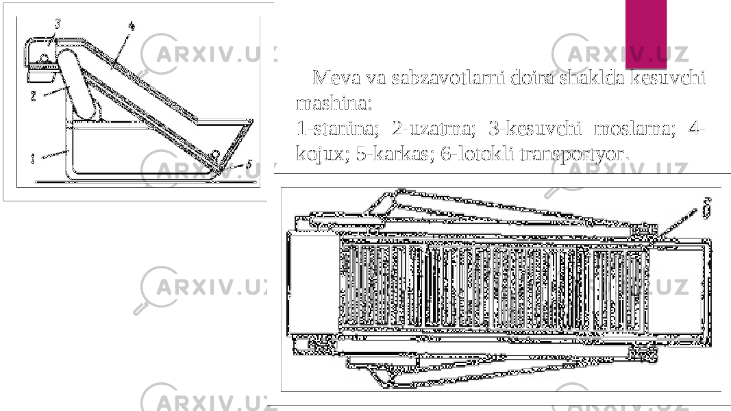  Meva va sabzavotlarni doira shaklda kesuvchi mashina: 1-stanina; 2-uzatma; 3-kesuvchi moslama; 4- kojux; 5-karkas; 6-lotokli transportyor . 