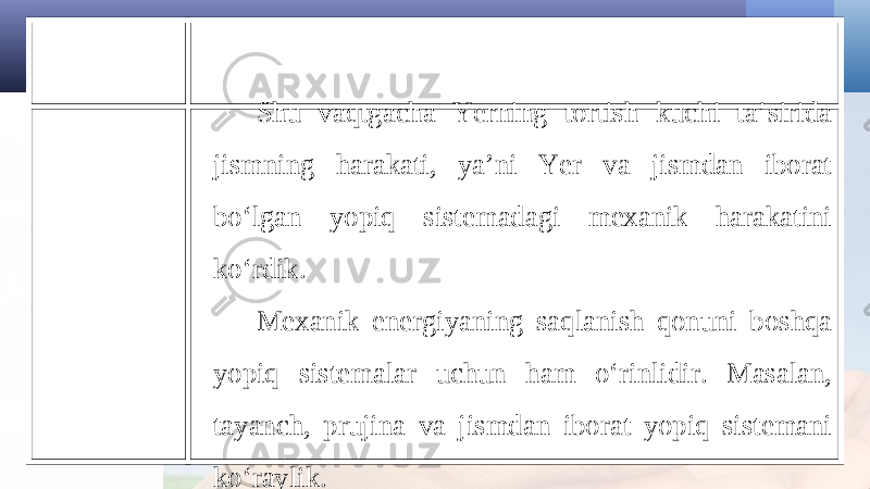 Shu vaqtgacha Yerning tortish kuchi ta’sirida jismning harakati, ya’ni Yer va jismdan iborat bo‘lgan yopiq sistemadagi mexanik harakatini ko‘rdik. Mexanik energiyaning saqlanish qonuni boshqa yopiq sistemalar uchun ham o‘rinlidir. Masalan, tayanch, prujina va jismdan iborat yopiq sistemani ko‘raylik. 