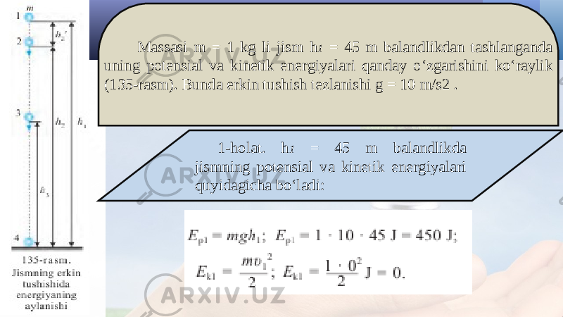 Massasi m = 1 kg li jism h 1 = 45 m balandlikdan tashlanganda uning potensial va kinetik energiyalari qanday o‘zgarishini ko‘raylik (135-rasm). Bunda erkin tushish tezlanishi g = 10 m/s2 . 1-holat. h 1 = 45 m balandlikda jismning potensial va kinetik energiyalari quyidagicha bo‘ladi: 