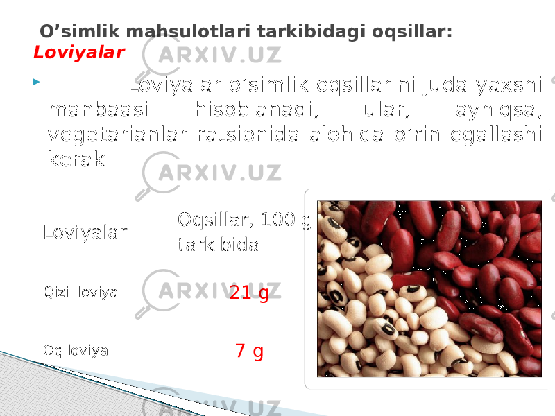  Loviyalar o’simlik oqsillarini juda yaxshi manbaasi hisoblanadi, ular, ayniqsa, vegetarianlar ratsionida alohida o’rin egallashi kerak. O’simlik mahsulotlari tarkibidagi oqsillar: Loviyalar Loviyalar Oqsillar, 100 g tarkibida Qizil loviya 21 g Oq loviya 7 g 