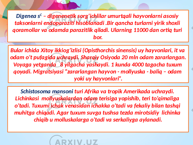 Digenea s C – digenenetik sorg’ichlilar umurtqali hayvonlarni asosiy taksonlarni endoparaziti hisoblanadi .Bir qancha turlarni yirik shoxli qoramollar va odamda parazitlik qiladi. Ularning 11000 dan ortiq turi bor. Sсhistosoma mansoni turi Afrika va tropik Amerikada uchraydi. Lichinkasi mollyuskalardan odam terisiga yopishib, teri to’qimaliga o’tadi. Tuxumi ichak venasidan ichakka o’tadi va fekaliy bilan tashqi muhitga chiqadi. Agar tuxum suvga tushsa tezda mirotsidiy lichinka chiqib u molluskalarga o’tadi va serkaliyga aylanadi.Bular ichida Xitoy ikkiog’izlisi (Opisthorchis sinensis) uy hayvonlari, it va odam o’t pufagida uchraydi. Sharqiy Osiyoda 20 mln odam zararlangan. Voyaga yetganda 8 yilgacha yashaydi. 1 kunda 4000 tagacha tuxum qoyadi. Migratsiyasi “zararlangan hayvon - mollyuska - baliq – odam yoki uy hayvonlari”. 