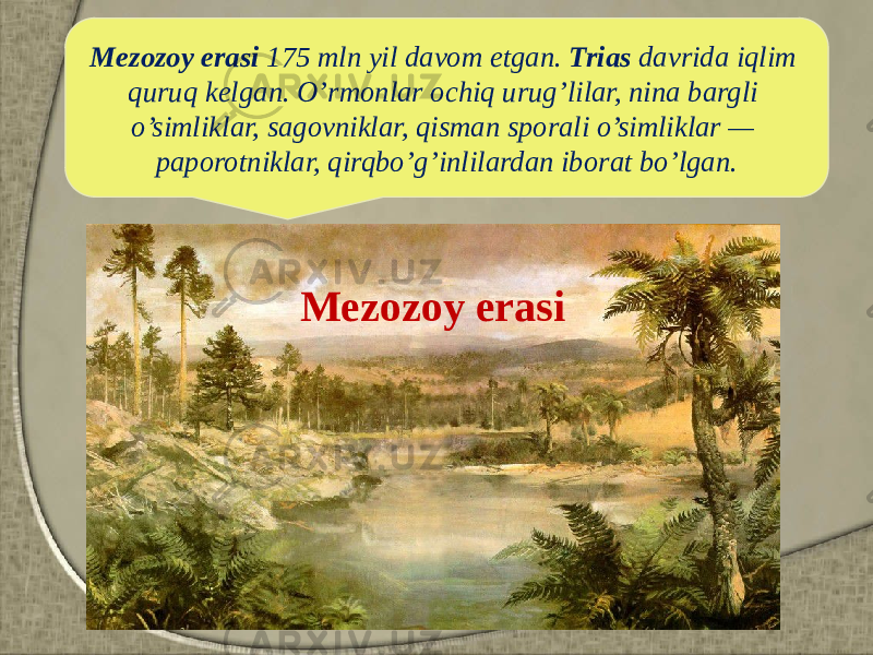 Mezozoy erasi 175 mln yil davom etgan. Trias davrida iqlim quruq kelgan. O’rmonlar ochiq urug’lilar, nina bargli o’simliklar, sagovniklar, qisman sporali o’simliklar — paporotniklar, qirqbo’g’inlilardan iborat bo’lgan. Mezozoy erasi 