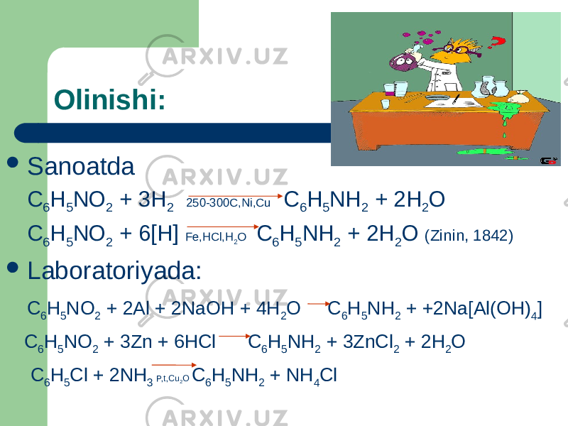 Olinishi:  Sanoatda C 6 H 5 NO 2 + 3H 2 250-300C,Ni,Cu C 6 H 5 NH 2 + 2H 2 O C 6 H 5 NO 2 + 6[H] Fe,HCl,H 2 O C 6 H 5 NH 2 + 2H 2 O (Zinin, 1842)  Laboratoriyada: C 6 H 5 NO 2 + 2Al + 2NaOH + 4H 2 O C 6 H 5 NH 2 + +2Na[Al(OH) 4 ] C 6 H 5 NО 2 + 3Zn + 6HCl C 6 H 5 NH 2 + 3ZnCl 2 + 2H 2 O C 6 H 5 Cl + 2NH 3 P,t,Cu 2 O C 6 H 5 NH 2 + NH 4 Cl 