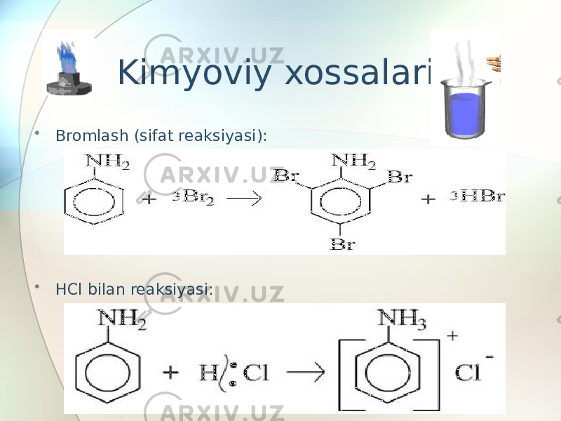Kimyoviy xossalari • Bromlash (sifat reaksiyasi): • HCl bilan reaksiyasi: 
