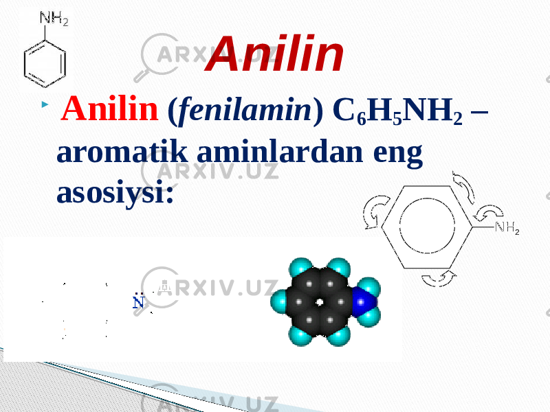  Anilin ( fenilamin ) С 6 H 5 NH 2 – aromatik aminlardan eng asosiysi: Anilin NH 2: 