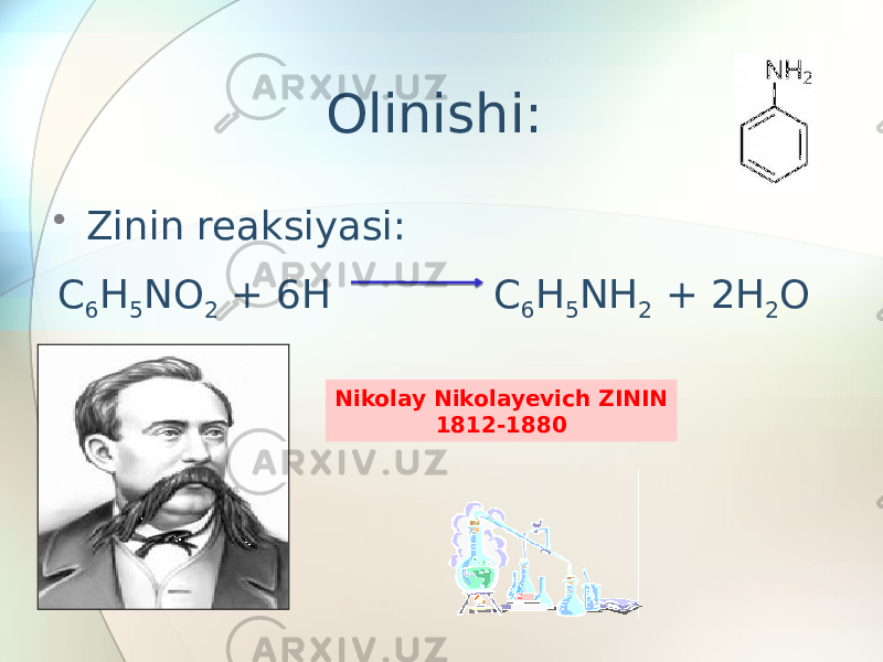 • Zinin reaksiyasi: C 6 H 5 NO 2 + 6H C 6 H 5 NH 2 + 2H 2 OOlinishi: Nikolay Nikolayevich ZININ 1812-1880 