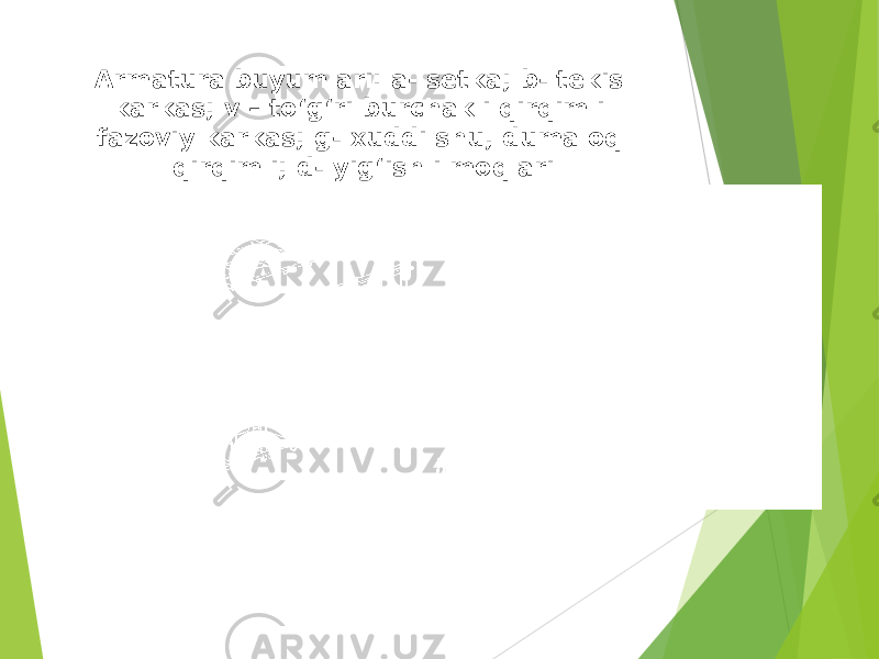 Armatura buyumlari: a- setka; b- tekis karkas; v – to‘g‘ri burchakli qirqimli fazoviy karkas; g- xuddi shu, dumaloq qirqimli; d- yig‘ish ilmoqlari 