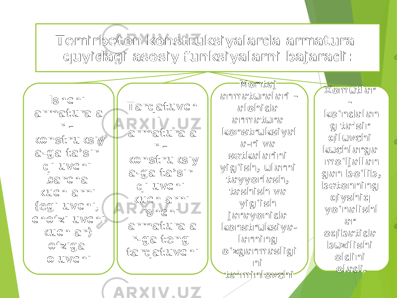 Temirbeton konstruksiyalarda armatura quyidagi asosiy funksiyalarni bajaradi: Ishchi armaturala r – konstruksiy a-ga ta’sir qiluvchi barcha kuchlarni (egiluvchi, cho‘ziluvchi kuchlar) o‘ziga oluvchi Tarqatuvch i armaturala r – konstruksiy a-ga ta’sir qiluvchi kuchlarni ishchi armaturala r-ga teng tarqatuvchi Montaj armaturalari – alohida armatura konstruksiyal a-ri va setkalarini yig‘ish, ularni tayyorlash, tashish va yig‘ish jarayonida konstruksiya- larning o‘zgarmasligi ni ta’minlovchi Xomutlar – ko‘ndalan g ta’sir qiluvchi kuchlarga mo‘ljallan gan bo‘lib, betonning qiyshiq yo‘nalishl ar oqibatida buzilishi oldini oladi. 