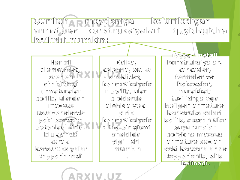 Qurilish maydoniga keltiriladigan armatura konstruksiyalari quyidagicha bo‘lishi mumkin: Har xil diametrdagi sterjen shaklidagi armaturalar bo‘lib, ulardan maxsus ustaxonalarda yoki bevosita betonlashtirish bloklarida kerakli konstruksiyalar tayyorlanadi. Balka, kolonna, setka shaklidagi konstruksiyala r bo‘lib, ular bloklarda alohida yoki yirik konstruksiyala rning bir qismi shaklida yig‘ilishi mumkin . Tayyor metall konstruksiyalar, karkaslar, fermalar va hokazolar, murakkab tuzilishga ega bo‘lgan armatura konstruksiyalari bo‘lib, asosan ular buyurtmalar bo‘yicha maxsus armatura sexlari yoki korxonalarida tayyorlanib, olib kelinadi. 