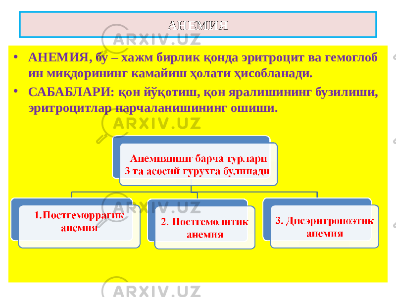 АНЕМИЯ • АНЕМИЯ, бу – хажм бирлик қонда эритроцит ва гемоглоб ин миқдорининг камайиш ҳолати ҳисобланади. • САБАБЛАРИ: қон йўқотиш, қон яралишининг бузилиши, эритроцитлар парчаланишининг ошиши. 