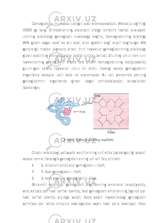 Gemoglobin – murakkab tuzilgan oqsil-xromoproteiddir. Molekula og’irligi 70000 ga teng. Eritrotsitlarning kislorodni o’ziga biriktirib tashish xususiyati ularning tarkibidagi gemoglobin moddasiga bog’liq. Gemoglobinning tarkibiga 96% globin degan oqsil va shu oqsil bilan gistidin bog’ orqali bog’langan 4% gem(rangli modda- pigment) kiradi. Turli hayvonlar gemoglobinining tarkibidagi globin oqsilining aminokislotalar tarkibi turlicha bo’ladi. Shuning uchun ham turli hayvonlarning gemoglobini o’zaro farq qiladi. Gemoglobinning faol(prostetik) guruhi-gem barcha hayvonlar uchun bir xildir. Hozirgi vaqtda gemoglobinni o&#39;rganishda izotoplar usuli katta rol o’ynamoqda. Bu usul yordamida qonning gemoglabim\ni organizmda glitsin degan aminokislotadan sintezlanishi isbotlangan. 3-rasm. Gemoglobinning tuzilishi. Globin tarkibidagi polipeptid zanjirlarining turli xilda joylashganligi sababli odatda normal fiziologik gemoglobinlarning uch xili farq qilinadi: 1 1. birlamchi embrional gemoglobin – HbP; 2 2. fetal gemoglobin – HbF; 3 3. katta yoshlilar gemoglobini – HbA. Birlamchi embrional gemoglobin organizmning embrional taraqqiyotida, sariq xaltada qon hosil bo’lish davrida, fetal gemoglobin embrionning jigarida qon hosil bo’lish davrida vujudga keladi. Katta yoshli hayvonlardagi gemoglobin ko’mikda qon ishlab chiqarila boshlagandan keyin hosil bo’la boshlaydi. Fetal 