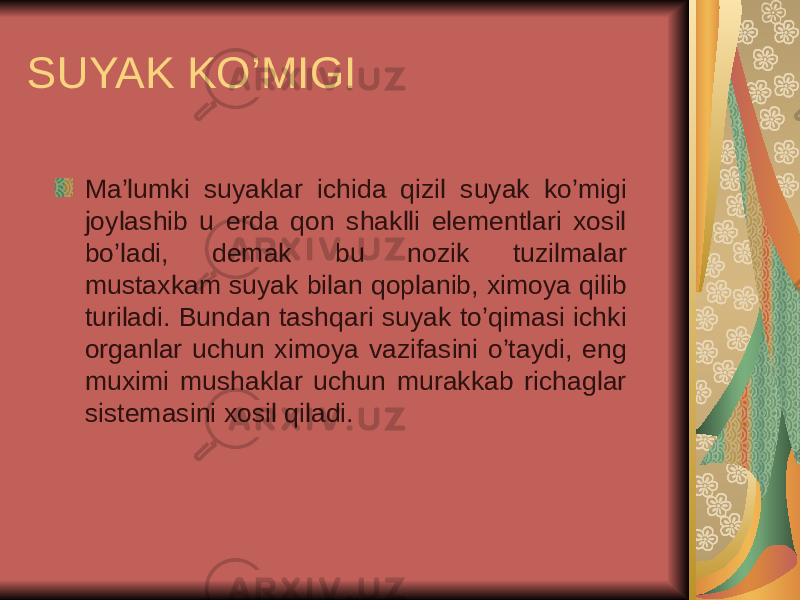 SUYAK KO’MIGI Ma’lumki suyaklar ichida qizil suyak ko’migi joylashib u erda qon shaklli elementlari xosil bo’ladi, demak bu nozik tuzilmalar mustaxkam suyak bilan qoplanib, ximoya qilib turiladi. Bundan tashqari suyak to’qimasi ichki organlar uchun ximoya vazifasini o’taydi, eng muximi mushaklar uchun murakkab richaglar sistemasini xosil qiladi. 