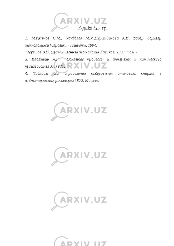 Адабиётлар.1. Маҳкамов С.М., Усуббоев М.У.,Нуритдинова А.И. Тайёр дорилар технологияси (дарслик).- Тошкент, 1994. 2.Чуешов В.И. Пром ышленная технология Харьков, 1999, том 2 . 3. Касаткин А.Г. Оснавные процессы и аппараты и химического производства М. 1971. 4. Таблицы для определения содержания этилового спирта в водноспиртовых растворах 1972. Москва. 