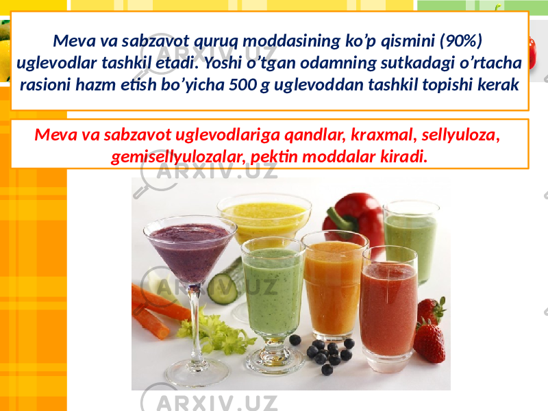 Meva va sabzavot quruq moddasining ko’p qismini (90%) uglevodlar tashkil etadi. Yoshi o’tgan odamning sutkadagi o’rtacha rasioni hazm etish bo’yicha 500 g uglevoddan tashkil topishi kerak Meva va sabzavot uglevodlariga qandlar, kraxmal, sellyuloza, gemisellyulozalar, pektin moddalar kiradi. 