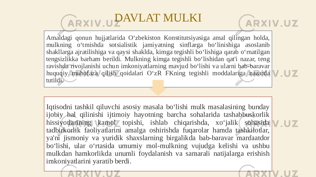 DAVLAT MULKI Amaldagi qonun hujjatlarida O‘zbekiston Konstitutsiyasiga amal qilingan holda, mulkning o‘tmishda sotsialistik jamiyatning sinflarga bo‘linishiga asoslanib shakllarga ajratilishiga va qaysi shaklda, kimga tegishli bo‘lishiga qarab o‘rnatilgan tengsizlikka barham berildi. Mulkning kimga tegishli bo‘lishidan qat&#39;i nazar, teng ravishda rivojlanishi uchun imkoniyatlarning mavjud bo‘lishi va ularni bab-baravar huquqiy muhofaza qilish qoidalari O‘zR FKning tegishli moddalariga nazarda tutildi. Iqtisodni tashkil qiluvchi asosiy masala bo‘lishi mulk masalasining bunday ijobiy hal qilinishi ijtimoiy hayotning barcha sohalarida tashabbuskorlik hissiyotlarining kamol topishi, ishlab chiqarishda, xo‘jalik sohasida tadbirkorlik faoliyatlarini amalga oshirishda fuqarolar hamda tashkilotlar, ya&#39;ni jismoniy va yuridik shaxslarning birgalikda bab-baravar manfaatdor bo‘lishi, ular o‘rtasida umumiy mol-mulkning vujudga kelishi va ushbu mulkdan hamkorlikda unumli foydalanish va samarali natijalarga erishish imkoniyatlarini yaratib berdi. 