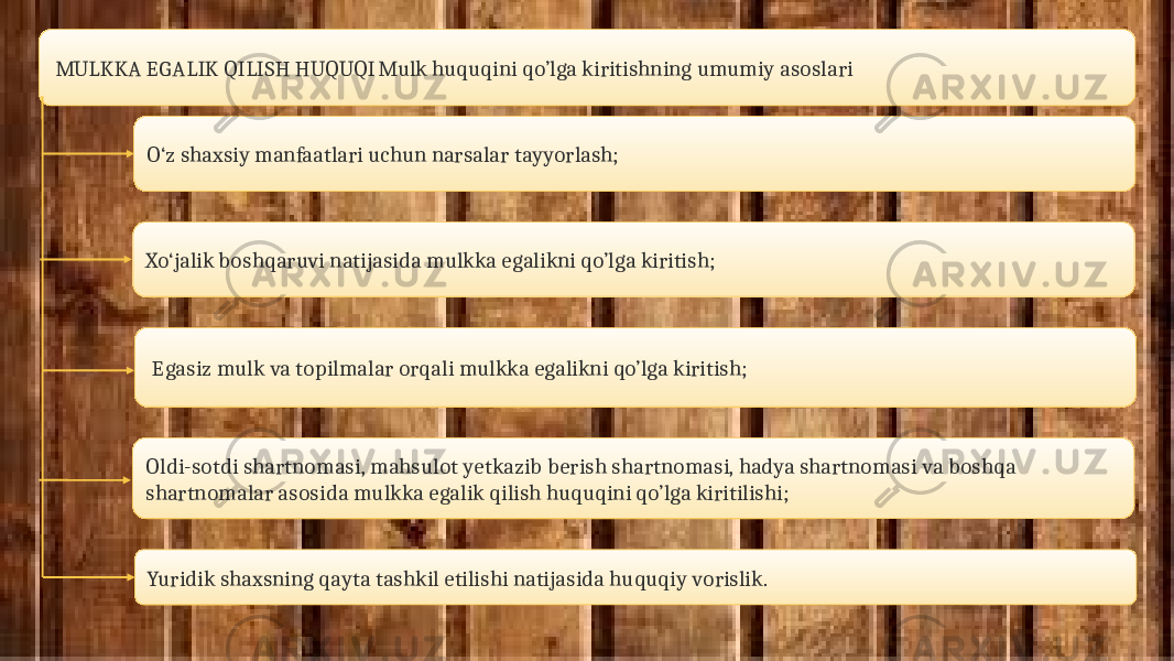  MULKKA EGALIK QILISH HUQUQI Mulk huquqini qo’lga kiritishning umumiy asoslari O‘z shaxsiy manfaatlari uchun narsalar tayyorlash; Egasiz mulk va topilmalar orqali mulkka egalikni qo’lga kiritish; Oldi-sotdi shartnomasi, mahsulot yetkazib berish shartnomasi, hadya shartnomasi va boshqa shartnomalar asosida mulkka egalik qilish huquqini qo’lga kiritilishi; Yuridik shaxsning qayta tashkil etilishi natijasida huquqiy vorislik.Xo‘jalik boshqaruvi natijasida mulkka egalikni qo’lga kiritish; 