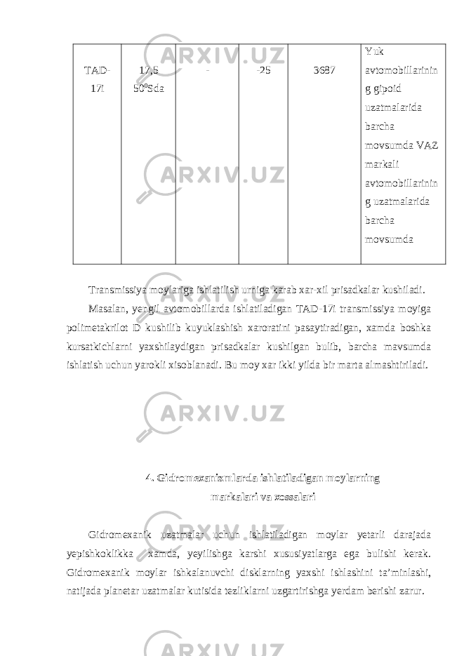 TAD- 17i 17,5 50 0 Sda - -25 3687 Yuk avtomobillarinin g gipoid uzatmalarida barcha movsumda VAZ markali avtomobillarinin g uzatmalarida barcha movsumda Transmissiya moylariga ishlatilish urniga karab xar-xil prisadkalar kushiladi. Masalan, yengil avtomobillarda ishlatiladigan TAD-17i transmissiya moyiga polimetakrilot D kushilib kuyuklashish xaroratini pasaytiradigan, xamda boshka kursatkichlarni yaxshilaydigan prisadkalar kushilgan bulib, barcha mavsumda ishlatish uchun yarokli xisoblanadi. Bu moy xar ikki yilda bir marta almashtiriladi. 4. Gidromexanizmlarda ishlatiladigan moylarning markalari va xossalari Gidromexanik uzatmalar uchun ishlatiladigan moylar yetarli darajada yepishkoklikka xamda, yeyilishga karshi xususiyatlarga ega bulishi kerak. Gidromexanik moylar ishkalanuvchi disklarning yaxshi ishlashini ta’minlashi, natijada planetar uzatmalar kutisida tezliklarni uzgartirishga yerdam berishi zarur. 