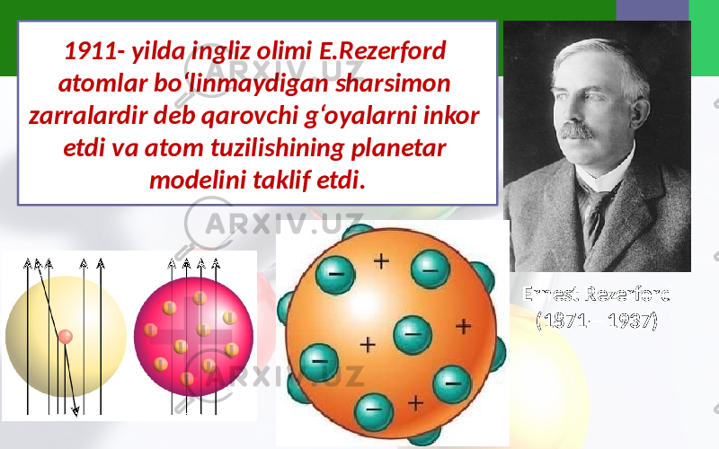1911- yilda ingliz olimi E.Rezerford atomlar bo‘linmaydigan sharsimon zarralardir deb qarovchi g‘oyalarni inkor etdi va atom tuzilishining planetar modelini taklif etdi. Ernest Rezerford (1871—1937) 