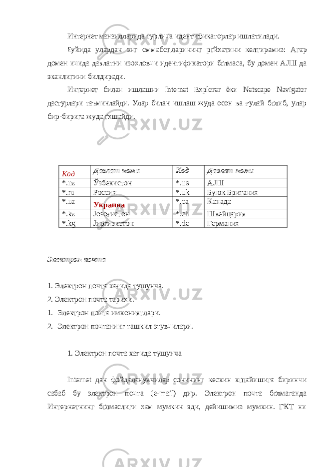 Интернет ман зилларида турлича идентификаторлар ишлатилади. £уйида уларда н энг оммабопларининг рґйхатини келтирамиз: Агар домен ичида давлатни изохловчи идентификатори бґлма са, бу домен АЈШ да эканлигини билдиради. Интернет билан ишлашни Internet Explorer ёки Netscape Navigator дастурлари таъминлайди. Улар билан ишлаш жуда осон ва ғулай бґлиб, улар бир-бирига жуда ґхшайди. Код Давлат номи Код Давлат номи *.uz Ў збекистон *.us АЈШ *.ru Россия *.uk Буюк Британия *.ua Украина *.ca Канада *.kz Јозоғистон *.ch Швейцария *.kg Јирғизистон *.de Германия Электрон почта 1. Электрон почта хағида тушунча. 2. Электрон почта тарихи. 1. Электрон почта имкониятлари. 2. Электрон почтанинг ташкил этувчилари. 1. Электрон почта хағида тушунча Internet дан фойдаланувчилар сонининг кескин кґпайишига биринчи сабаб бу электрон почта (e-mail) дир. Электрон почта бґлмаганда Интернетнинг бґлмаслиги хам мумкин эди, дейишимиз мумкин. ГКТ ни 