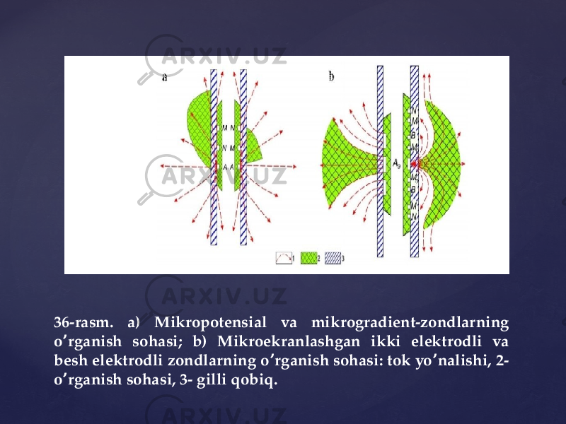 36-rasm. a) Mikropotensial va mikrogradient-zondlarning o rganish sohasi; b) Mikroekranlashgan ikki elektrodli va ʼ besh elektrodli zondlarning o rganish sohasi: tok yo nalishi, 2- ʼ ʼ o rganish sohasi, 3- gilli qobiq. ʼ 