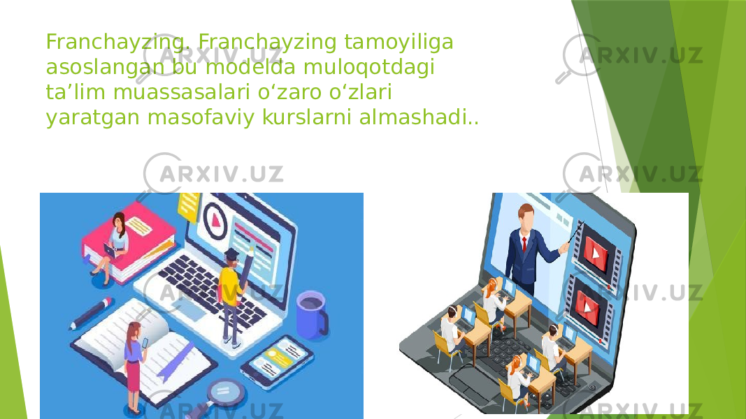 Franchayzing. Franchayzing tamoyiliga asoslangan bu modelda muloqotdagi ta’lim muassasalari o‘zaro o‘zlari yaratgan masofaviy kurslarni almashadi.. 