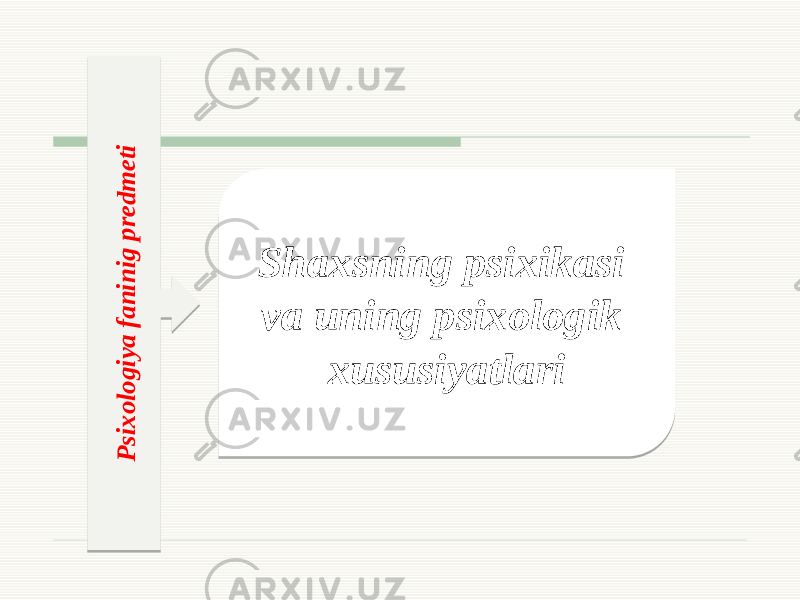 P six o lo g iy a fa n in ig p re d m e tiShaxsning psixikasi va uning psixologik xususiyatlari01 020304 05 0605 07 0308 09 0A0B09 0C 030C 0307 0A0D 0E0F 10 11 0F 1203 13 16 0417 