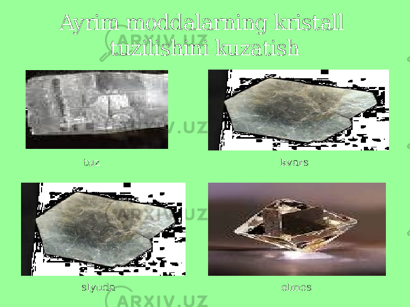 Ayrim moddalarning kristall tuzilishini kuzatish tuz kvars slyuda olmos 