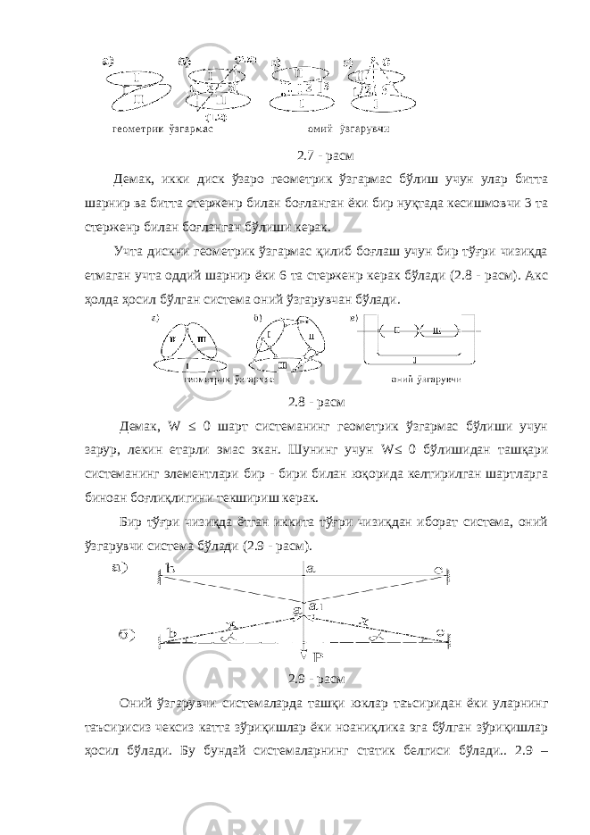  2.7 - расм Демак, икки диск ўзаро геометрик ўзгармас бўлиш учун улар битта шарнир ва битта стержен p билан боғланган ёки бир нуқтада кесишмовчи 3 та стержен p билан боғланган бўлиши керак. Учта дискни геометрик ўзгармас қилиб боғлаш учун бир тўғри чизиқда етмаган учта оддий шарнир ёки 6 та стержен p керак бўлади (2.8 - расм). Акс ҳолда ҳосил бўлган система оний ўзгарувчан бўлади. 2.8 - расм Демак, W ≤ 0 шарт системанинг геометрик ўзгармас бўлиши учун зарур, лекин етарли эмас экан. Шунинг учун W ≤ 0 бўлишидан ташқари системанинг элементлари бир - бири билан юқорида келтирилган шартларга биноан боғлиқлигини текшириш керак. Бир тўғри чизиқда ётган иккита тўғри чизиқдан иборат система, оний ўзгарувчи система бўлади (2.9 - расм). 2.9 - расм Оний ўзгарувчи системаларда ташқи юклар таъсиридан ёки уларнинг таъсирисиз чексиз катта зўриқишлар ёки ноаниқлика эга бўлган зўриқишлар ҳосил бўлади. Бу бундай системаларнинг статик белгиси бўлади.. 2.9 – 