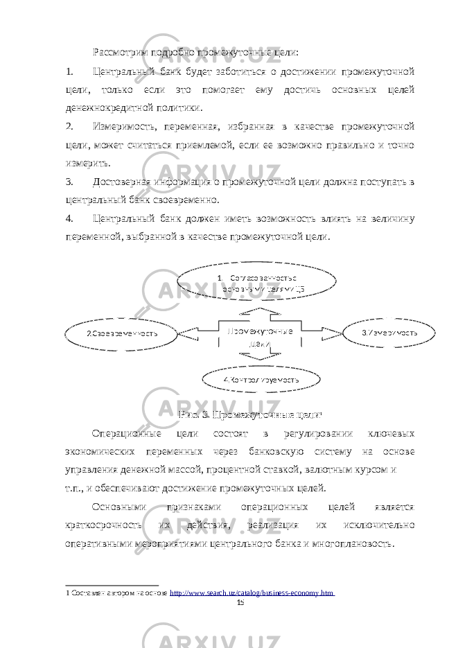 Рассмотрим подробно промежуточные цели: 1. Центральный банк будет заботиться о достижении промежуточной цели, только если это помогает ему достичь основных целей денежнокредитной политики. 2. Измеримость, переменная, избранная в качестве промежуточной цели, может считаться приемлемой, если ее возможно правильно и точно измерить. 3. Достоверная информация о промежуточной цели должна поступать в центральный банк своевременно. 4. Центральный банк должен иметь возможность влиять на величину переменной, выбранной в качестве промежуточной цели. Рис. 3. Промежуточные цели 1 Операционные цели состоят в регулировании ключевых экономических переменных через банковскую систему на основе управления денежной массой, процентной ставкой, валютным курсом и т.п., и обеспечивают достижение промежуточных целей. Основными признаками операционных целей является краткосрочность их действия, реализация их исключительно оперативными мероприятиями центрального банка и многоплановость. 1 Составлен автором на основе http://www.search.uz/catalog/business - economy.htm 15 1. Согласованность с основными целями ЦБ Промежуточные цели 3. Измеримость 2. Своевременность 4. Контролируемость 