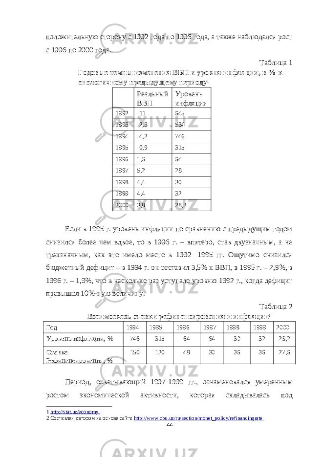 положительную сторону с 1992 года по 1996 года, а также наблюдался рост с 1996 по 2000 года. Таблица 1 Годовые темпы изменения ВВП и уровня инфляции, в % к аналогичному предыдущему периоду 1 Реальный ВВП Уровень инфляции 1992 -11 645 1993 -2,3 534 1994 -4,2 746 1995 -0,9 315 1996 1,6 64 1997 5,2 28 1998 4,4 30 1999 4,4 32 2000 3,8 28,2 Если в 1995 г. уровень инфляции по сравнению с предыдущим годом снизился более чем вдвое, то в 1996 г. – впятеро, став двузначным, а не трехзначным, как это имело место в 1992- 1995 гг. Ощутимо снизился бюджетный дефицит – в 1994 г. он составил 3,5% к ВВП, в 1995 г. – 2,9%, в 1996 г. – 1,9%, что в несколько раз уступало уровню 1992 г., когда дефицит превышал 10%-ную величину. Таблица 2 Взаимосвязь ставки рефинансирования и инфляции 2 Год 1994 1995 1996 1997 1998 1999 2000 Уровень инфляции, % 746 315 64 64 30 32 28,2 Ставка Рефинансирования, % 150 120 48 30 36 36 27,6 Период, охватывающий 1997-1999 гг., ознаменовался умеренным ростом экономической активности, которая складывалась под 1 http://stat.uz/economy 2 Составлен автором на основе сайта http://www.cbu.uz/ru/section/monet_policy/refinancingrate 44 