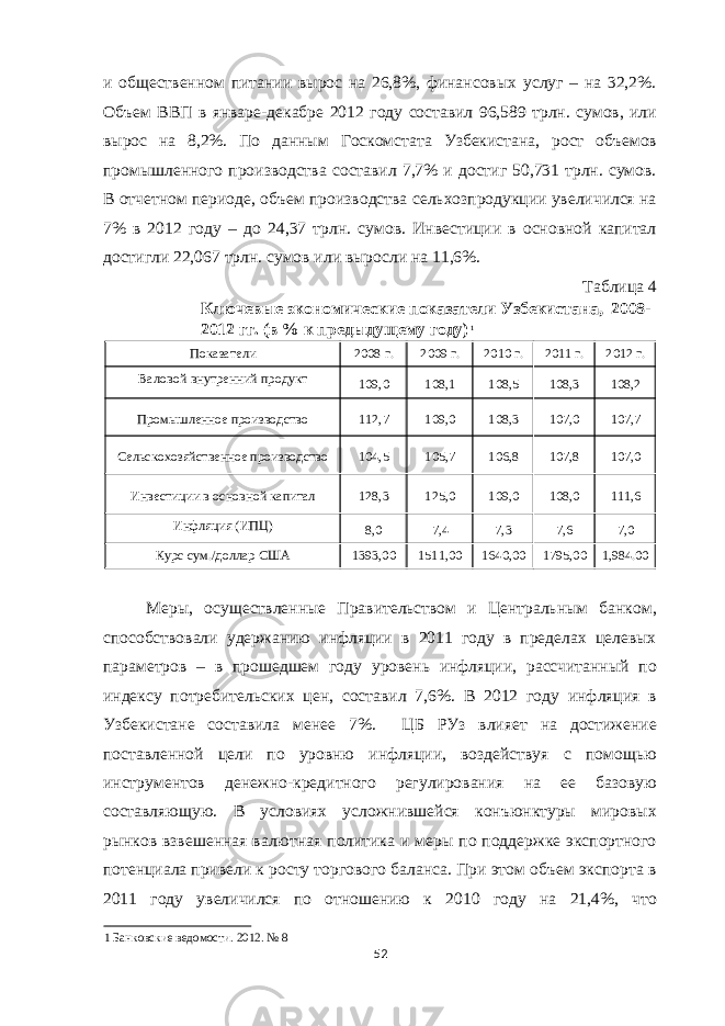 и общественном питании вырос на 26,8%, финансовых услуг – на 32,2%. Объем ВВП в январе-декабре 2012 году составил 96,589 трлн. сумов, или вырос на 8,2%. По данным Госкомстата Узбекистана, рост объемов промышленного производства составил 7,7% и достиг 50,731 трлн. сумов. В отчетном периоде, объем производства сельхозпродукции увеличился на 7% в 2012 году – до 24,37 трлн. сумов. Инвестиции в основной капитал достигли 22,067 трлн. сумов или выросли на 11,6%. Таблица 4 Ключевые экономические показатели Узбекистана, 2008- 2012 гг. (в % к предыдущему году) 1 Показатели 2008 г. 2009 г. 2010 г. 2011 г. 2012 г. Валовой внутренний продукт 109,0 108,1 108,5 108,3 108,2 Промышленное производство 112,7 109,0 108,3 107,0 107,7 Сельскохозяйственное производство 104,5 105,7 106,8 107,8 107,0 Инвестиции в основной капитал 128,3 125,0 109,0 108,0 111,6 Инфляция (ИПЦ) 8,0 7,4 7,3 7,6 7,0 Курс сум./доллар США 1393,00 1511,00 1640,00 1795,00 1,984.00 Меры, осуществленные Правительством и Центральным банком, способствовали удержанию инфляции в 2011 году в пределах целевых параметров – в прошедшем году уровень инфляции, рассчитанный по индексу потребительских цен, составил 7,6%. В 2012 году инфляция в Узбекистане составила менее 7%. ЦБ РУз влияет на достижение поставленной цели по уровню инфляции, воздействуя с помощью инструментов денежно-кредитного регулирования на ее базовую составляющую. В условиях усложнившейся конъюнктуры мировых рынков взвешенная валютная политика и меры по поддержке экспортного потенциала привели к росту торгового баланса. При этом объем экспорта в 2011 году увеличился по отношению к 2010 году на 21,4%, что 1 Банковские ведомости. 2012. № 8 52 