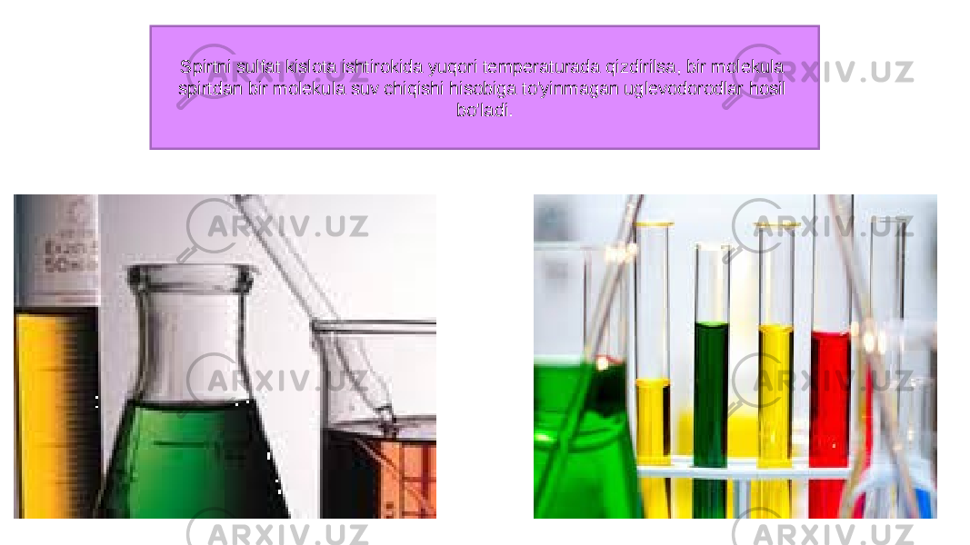 Spirtni sulfat kislota ishtirokida yuqori temperaturada qizdirilsa, bir molekula spirtdan bir molekula suv chiqishi hisobiga to&#39;yinmagan uglevodorodlar hosil bo&#39;ladi. 