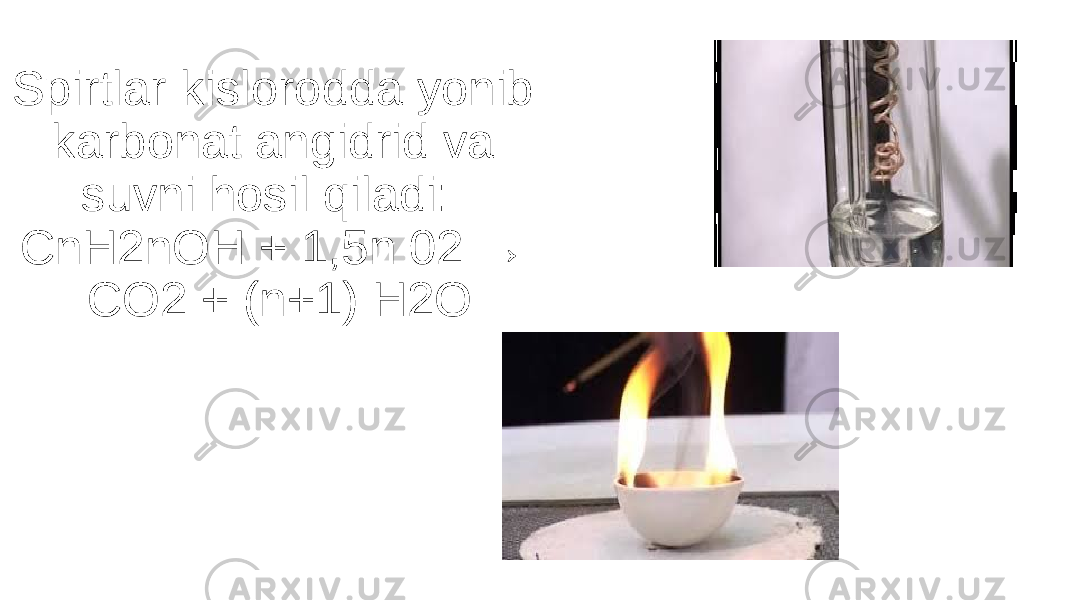Spirtlar kislorodda yonib karbonat angidrid va suvni hosil qiladi: CnH2nOH + 1,5n 02 → CO2 + (n+1) H2O 