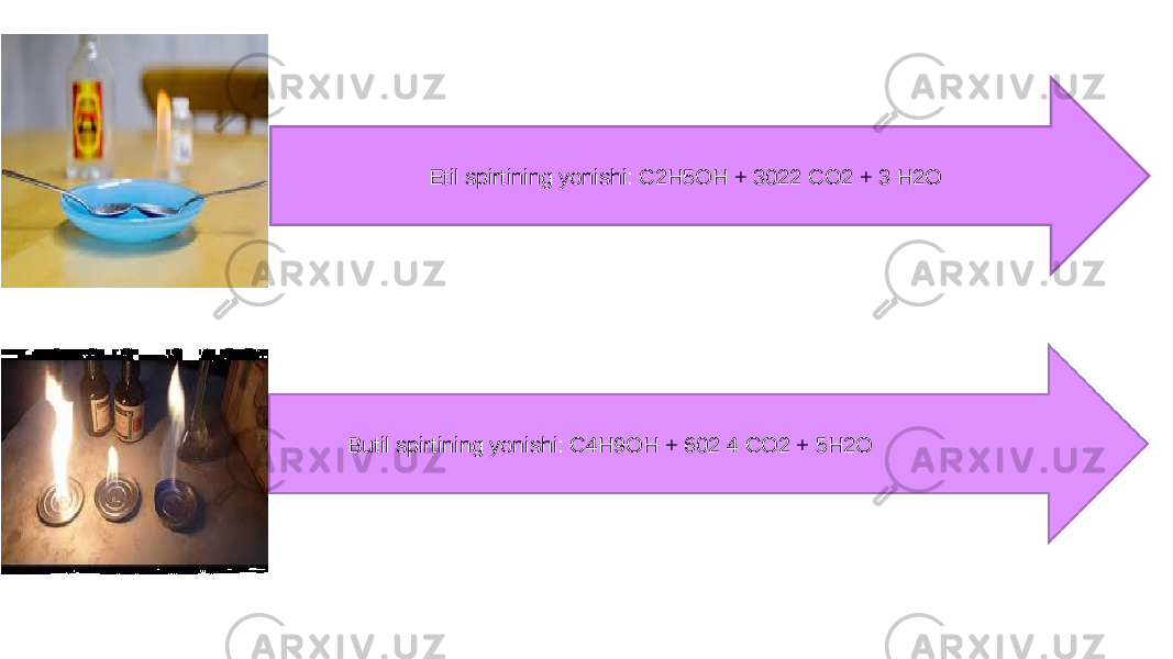 Etil spirtining yonishi: C2H5OH + 3022 CO2 + 3 H2O Butil spirtining yonishi: C4H9OH + 602 4 CO2 + 5H2O 