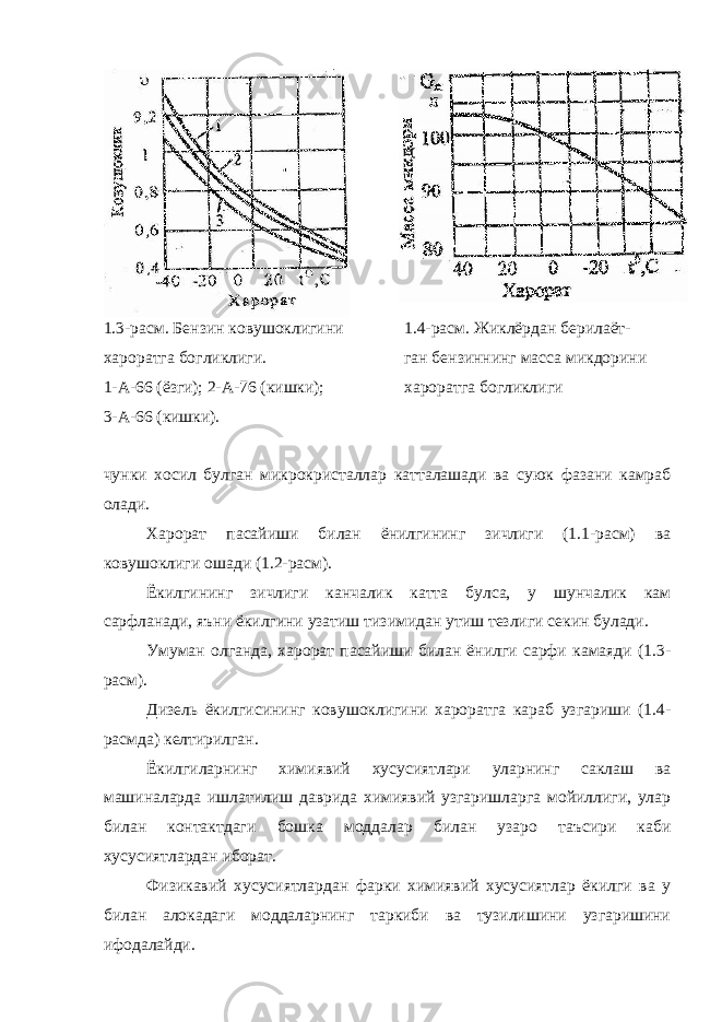 1.3-расм. Бензин ковушоклигини 1.4-расм. Жиклёрдан берилаёт- хароратга богликлиги. ган бензиннинг масса микдорини 1-А-66 (ёзги); 2-А-76 (кишки); хароратга богликлиги 3-А-66 (кишки). чунки хосил булган микрокристаллар катталашади ва суюк фазани камраб олади. Харорат пасайиши билан ёнилгининг зичлиги (1.1-расм) ва ковушоклиги ошади (1.2-расм). Ёкилгининг зичлиги канчалик катта булса, у шунчалик кам сарфланади, яъни ёкилгини узатиш тизимидан утиш тезлиги секин булади. Умуман олганда, харорат пасайиши билан ёнилги сарфи камаяди (1.3- расм). Дизель ёкилгисининг ковушоклигини хароратга караб узгариши (1.4- расмда) келтирилган. Ёкилгиларнинг химиявий хусусиятлари уларнинг саклаш ва машиналарда ишлатилиш даврида химиявий узгаришларга мойиллиги, улар билан контактдаги бошка моддалар билан узаро таъсири каби хусусиятлардан иборат. Физикавий хусусиятлардан фарки химиявий хусусиятлар ёкилги ва у билан алокадаги моддаларнинг таркиби ва тузилишини узгаришини ифодалайди. 