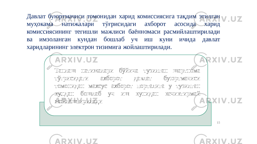 Танлаш натижалари бўйича тузилган шартнома тўғрисидаги ахборот давлат буюртмачиси томонидан махсус ахборот порталига у тузилган кундан бошлаб уч иш кунидан кечиктирмай жойлаштириладиДавлат буюртмачиси томонидан харид комиссиясига тақдим этилган муҳокама натижалари тўғрисидаги ахборот асосида харид комиссиясининг тегишли мажлиси баённомаси расмийлаштирилади ва имзоланган кундан бошлаб уч иш куни ичида давлат харидларининг электрон тизимига жойлаштирилади. 15 